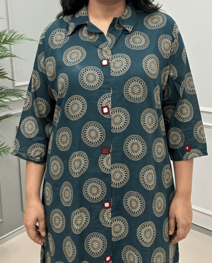 Shriya Plus Size Mirror Work Ajrakh Rayon A-line Long Kurti