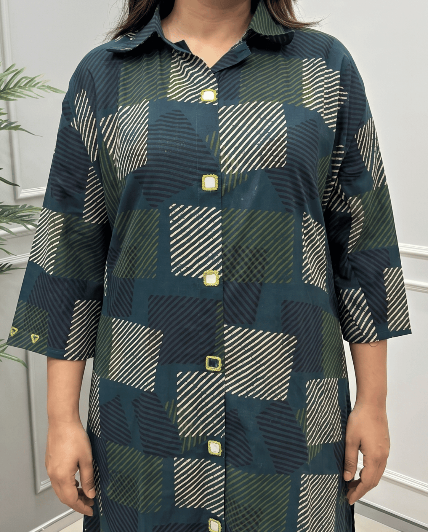 Shriya Plus Size Mirror Work Ajrakh Rayon A-line Long Kurti
