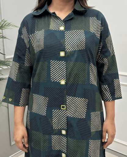 Shriya Plus Size Mirror Work Ajrakh Rayon A-line Long Kurti