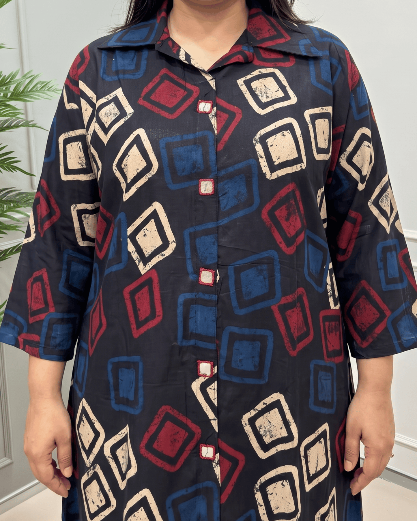 Shriya Plus Size Mirror Work Ajrakh Rayon A-line Long Kurti