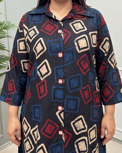 Shriya Plus Size Mirror Work Ajrakh Rayon A-line Long Kurti