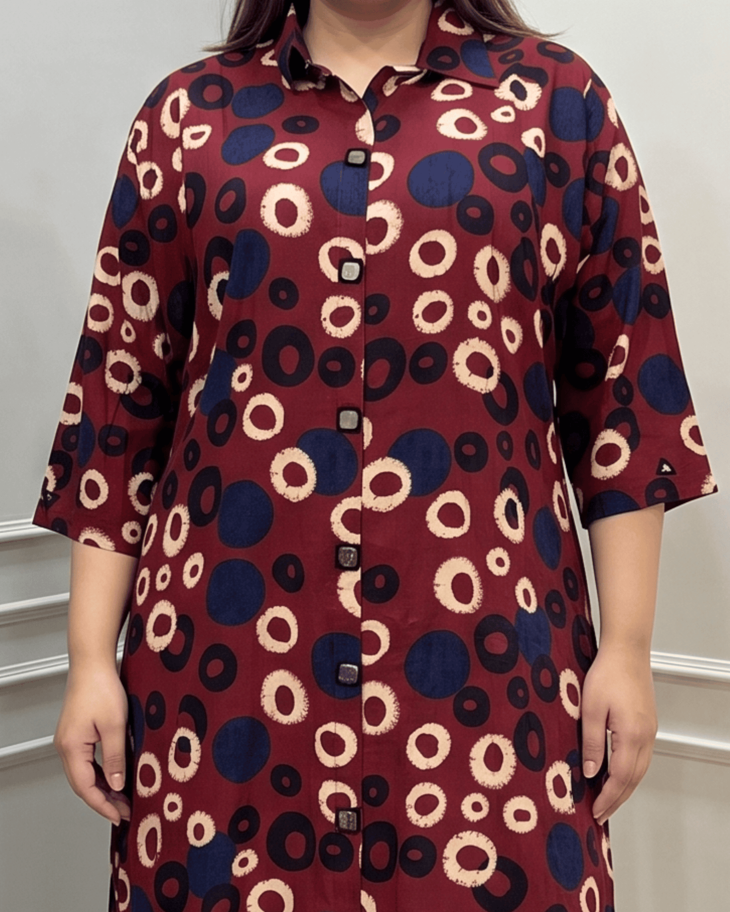 Shriya Plus Size Mirror Work Ajrakh Rayon A-line Long Kurti
