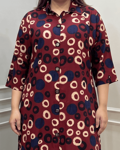 Shriya Plus Size Mirror Work Ajrakh Rayon A-line Long Kurti