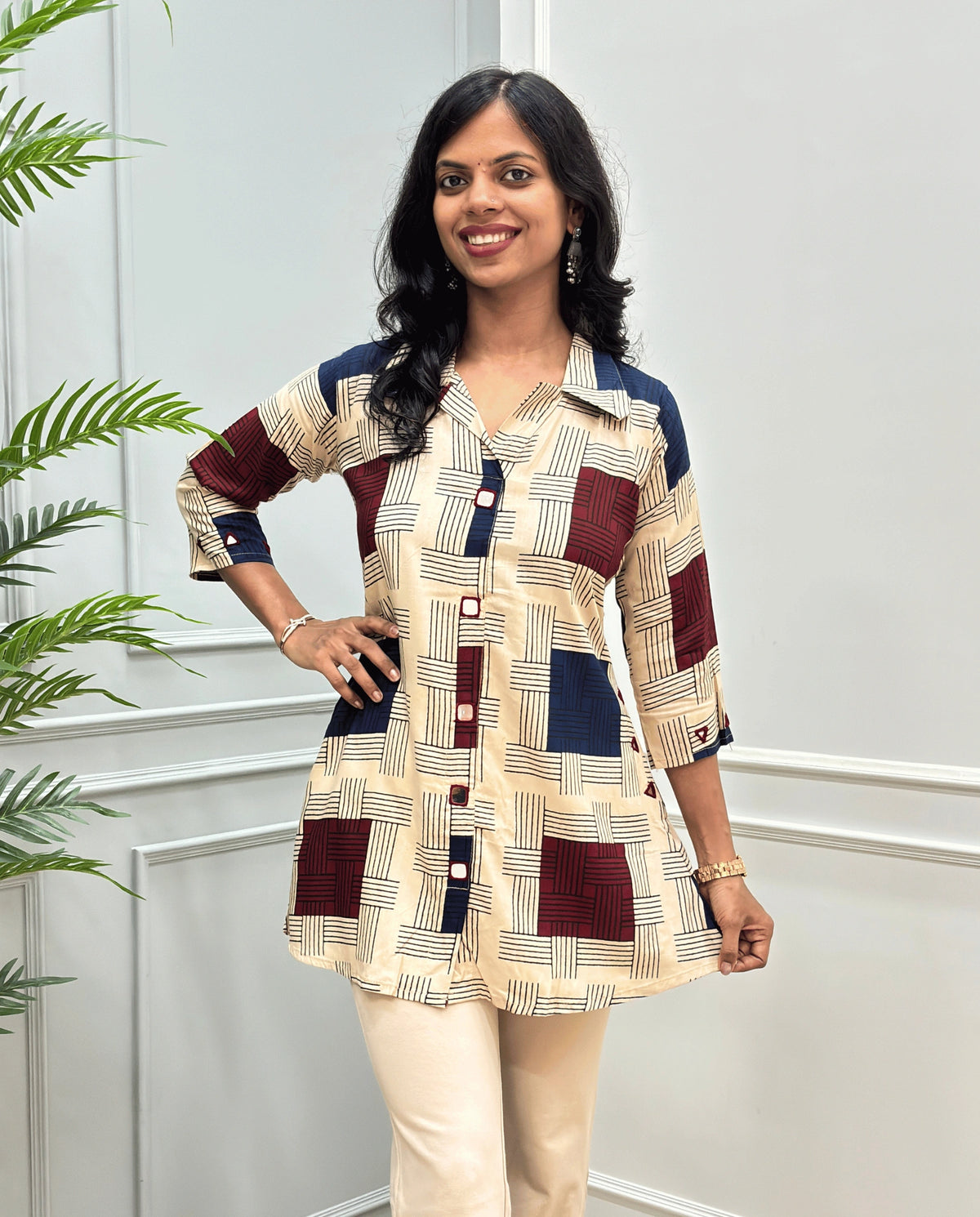 Shriya Stripes Mirror Work Ajrakh Rayon A-line Short Kurti