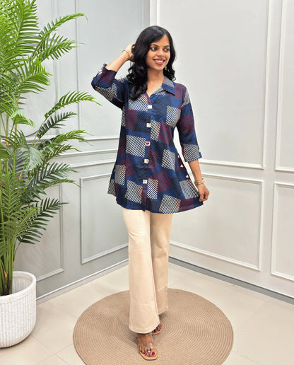 Shriya Stripes Mirror Work Ajrakh Rayon A-line Short Kurti