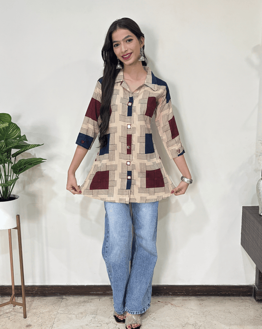 Shriya Stripes Mirror Work Ajrakh Rayon A-line Short Kurti
