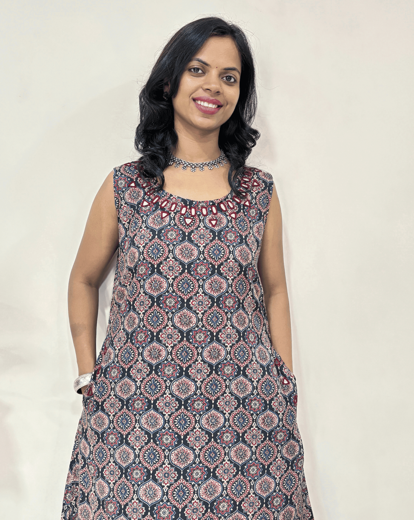 Tamannah Rayon Ajrakh A-line Sleeveless Kurti