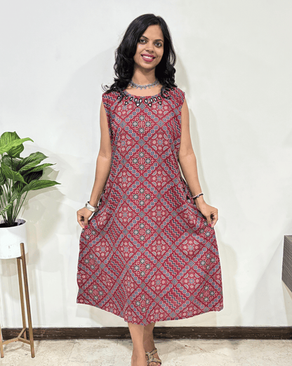 Tamannah Rayon Ajrakh A-line Sleeveless Kurti