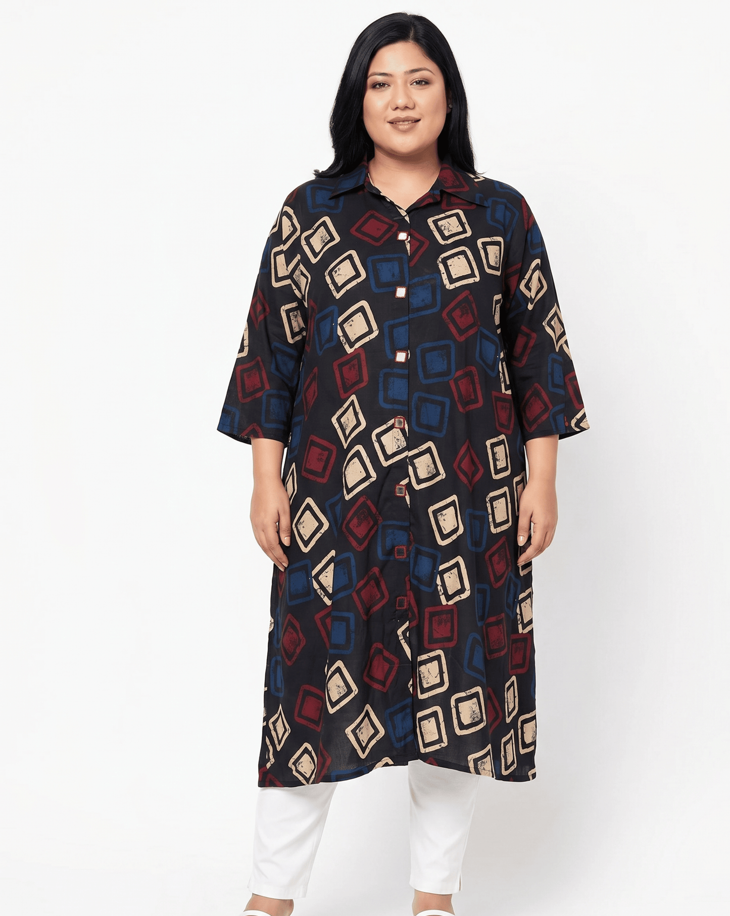 Shriya Plus Size Mirror Work Ajrakh Rayon A-line Long Kurti