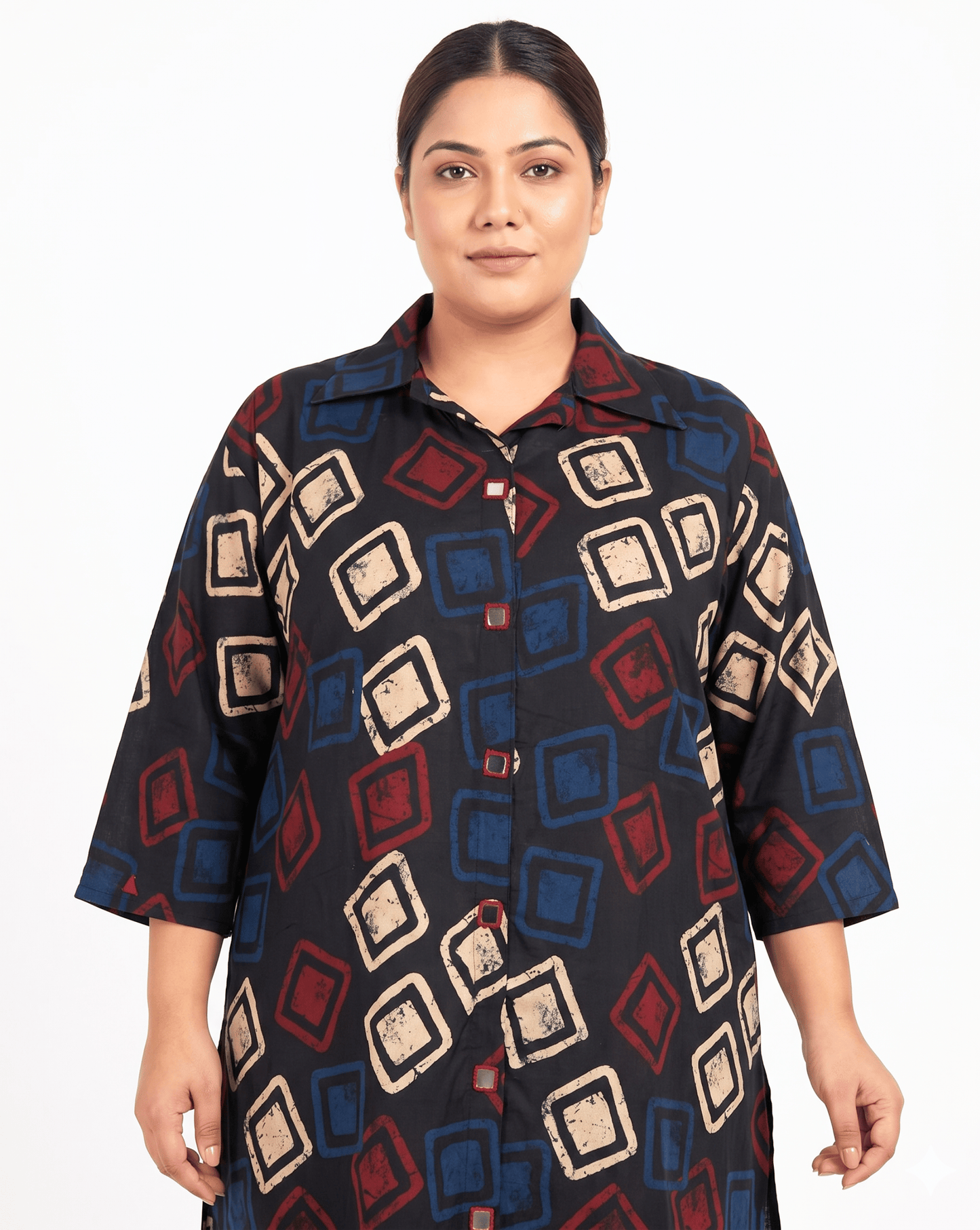 Shriya Plus Size Mirror Work Ajrakh Rayon A-line Long Kurti
