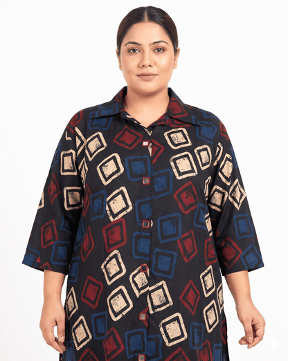Shriya Plus Size Mirror Work Ajrakh Rayon A-line Long Kurti