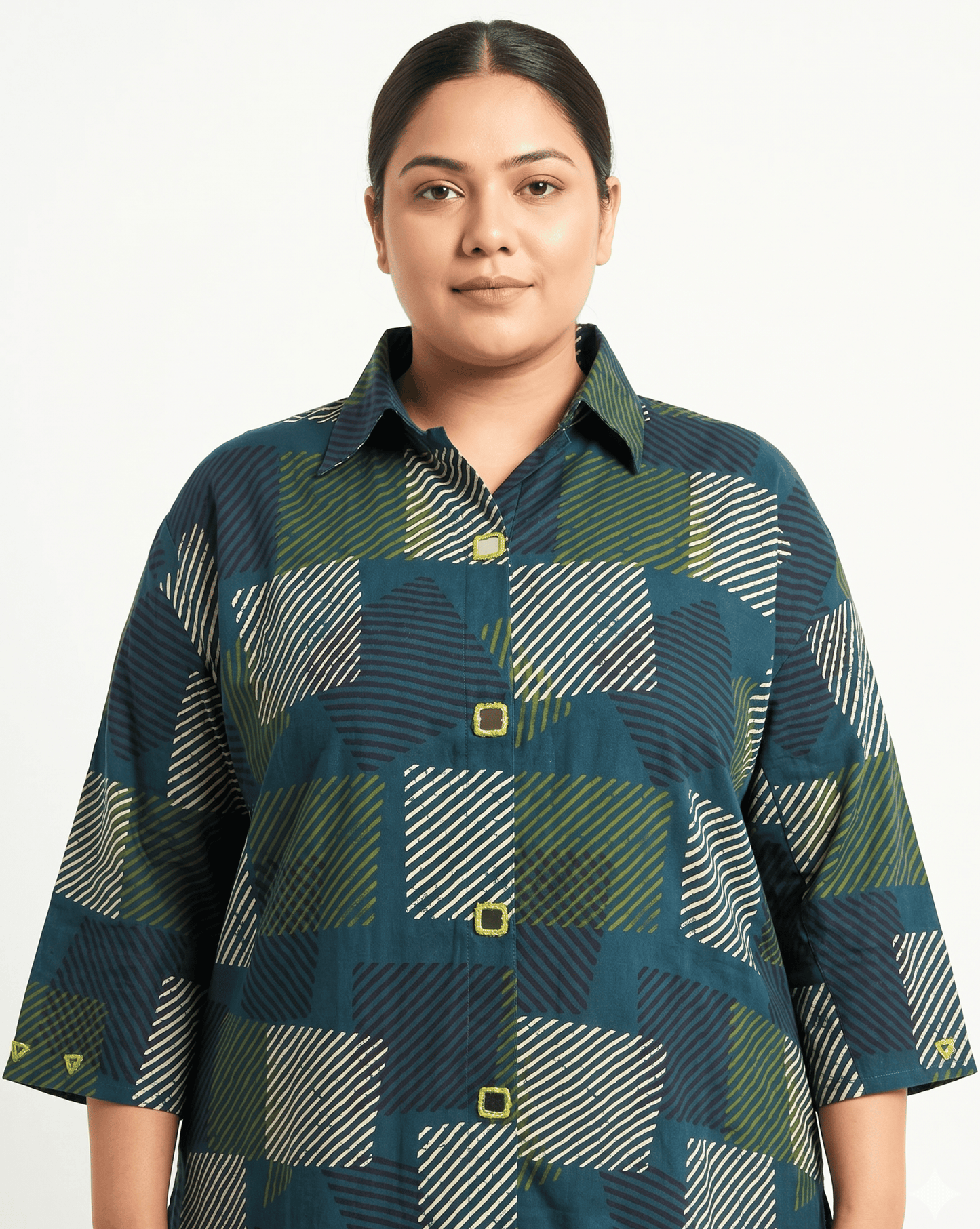 Shriya Plus Size Mirror Work Ajrakh Rayon A-line Long Kurti