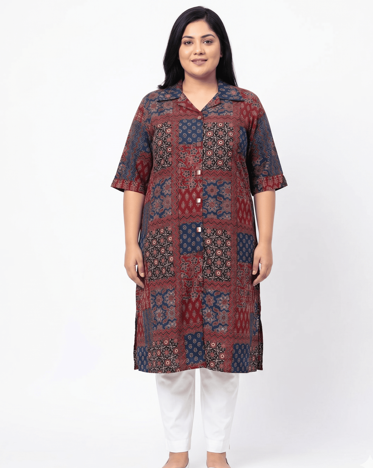 Shriya Plus Size Mirror Work Ajrakh Rayon A-line Long Kurti