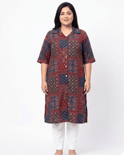 Shriya Plus Size Mirror Work Ajrakh Rayon A-line Long Kurti