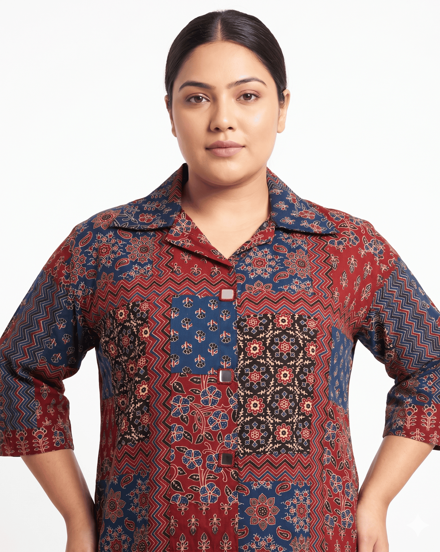 Shriya Plus Size Mirror Work Ajrakh Rayon A-line Long Kurti