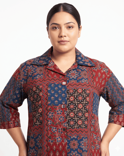 Shriya Plus Size Mirror Work Ajrakh Rayon A-line Long Kurti