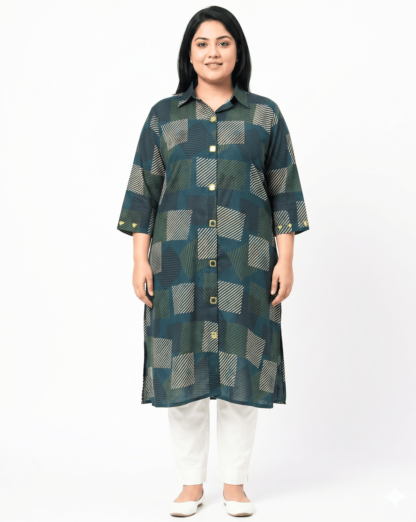 Shriya Plus Size Mirror Work Ajrakh Rayon A-line Long Kurti