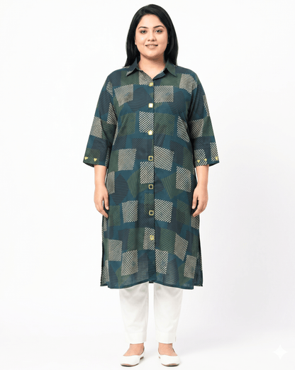Shriya Plus Size Mirror Work Ajrakh Rayon A-line Long Kurti