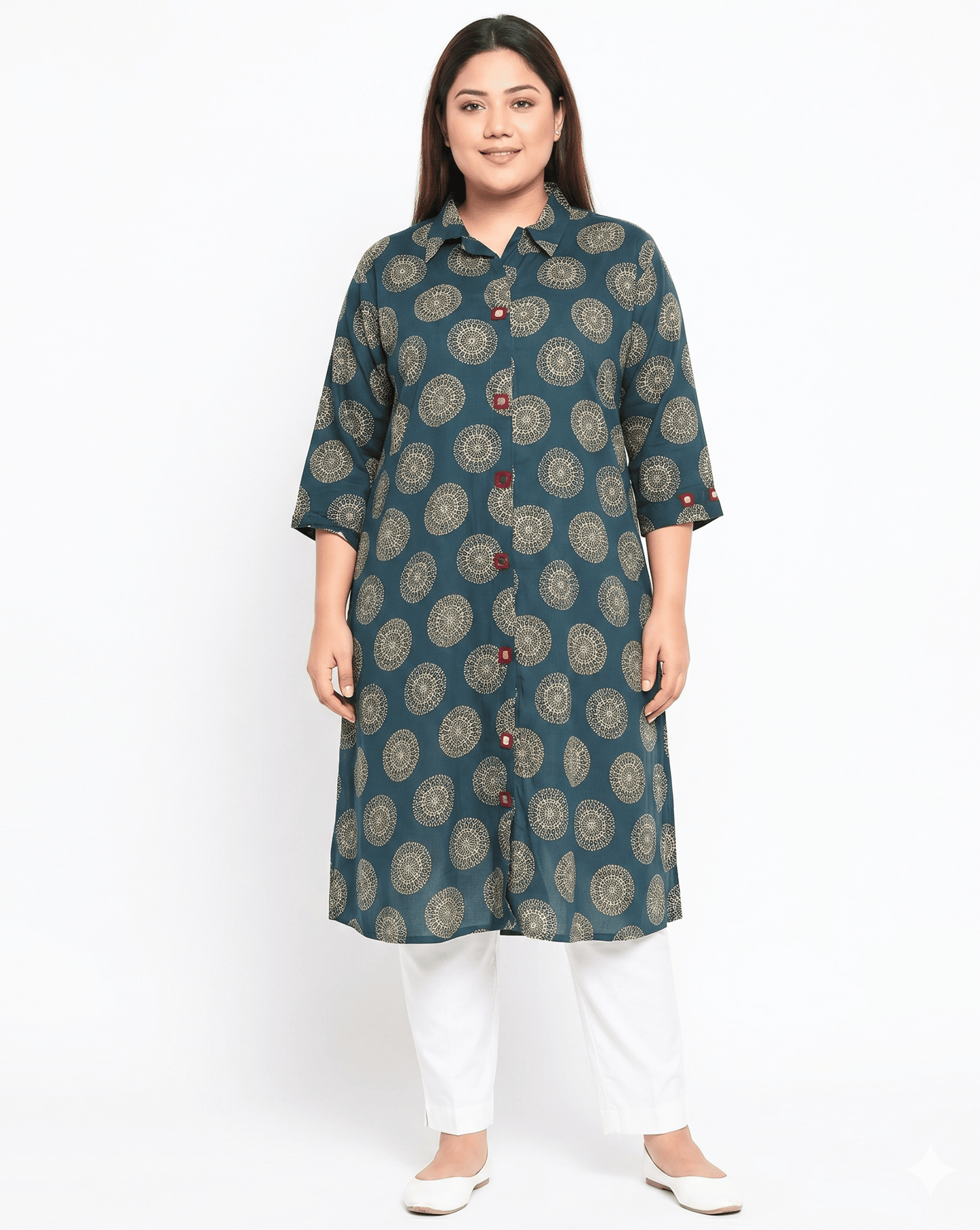 Shriya Plus Size Mirror Work Ajrakh Rayon A-line Long Kurti