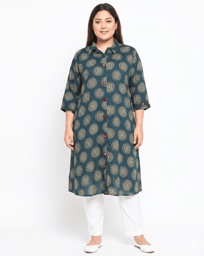 Shriya Plus Size Mirror Work Ajrakh Rayon A-line Long Kurti