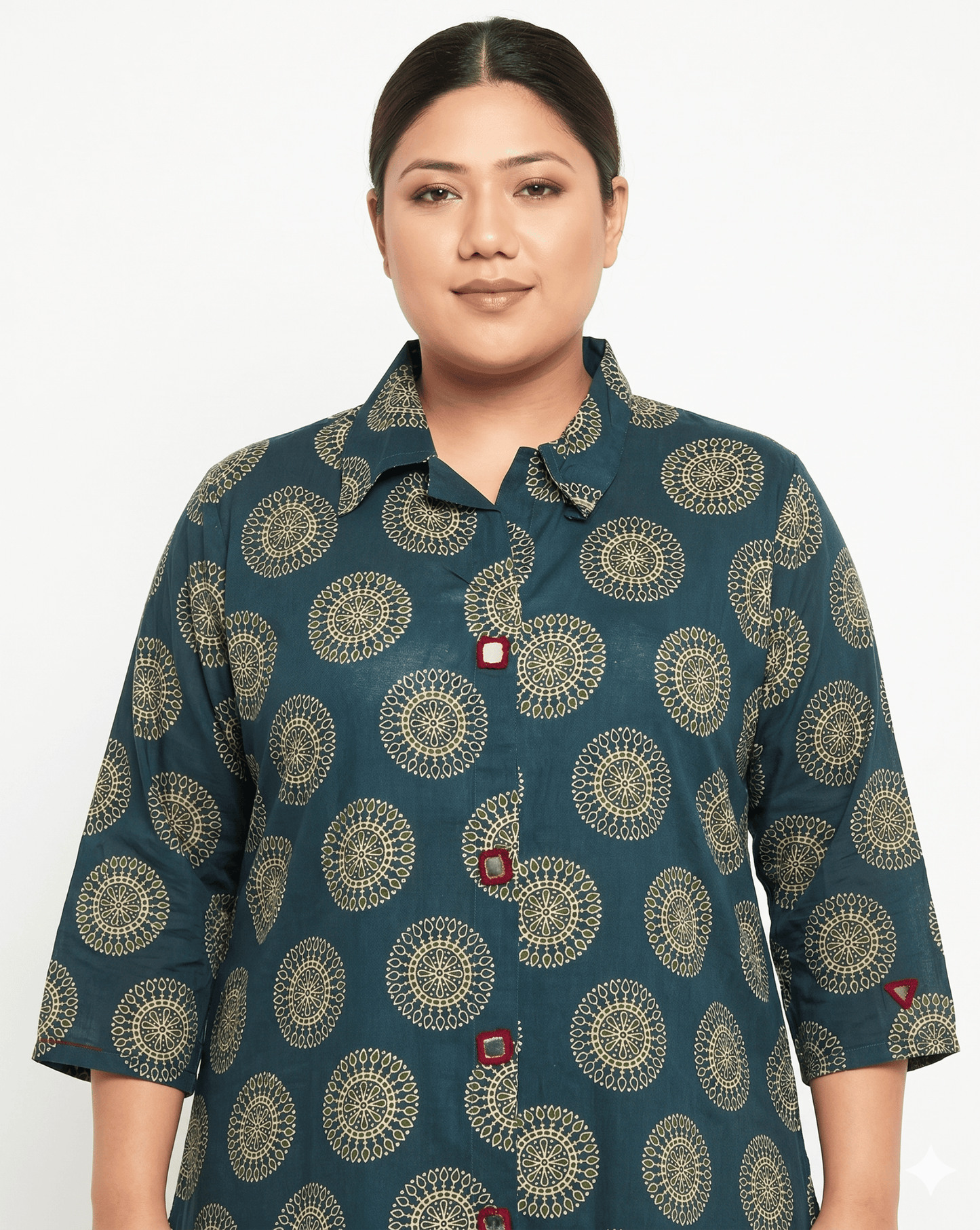 Shriya Plus Size Mirror Work Ajrakh Rayon A-line Long Kurti