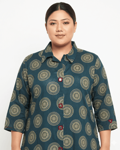 Shriya Plus Size Mirror Work Ajrakh Rayon A-line Long Kurti