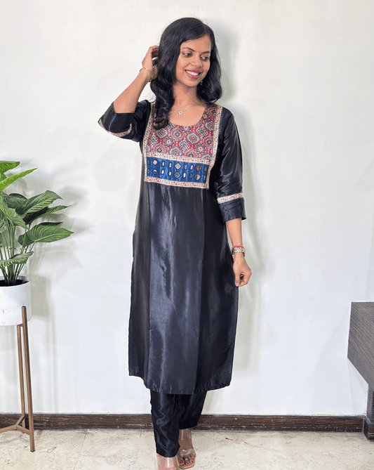 Chandni Mirror Work Ajrakh Mashru Silk Long Kurti