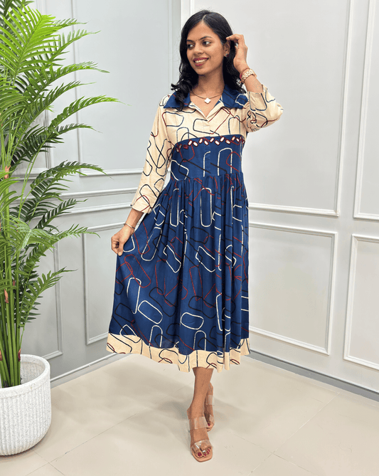 Diva Mirror Work Ajrakh Rayon A-line Long Kurti