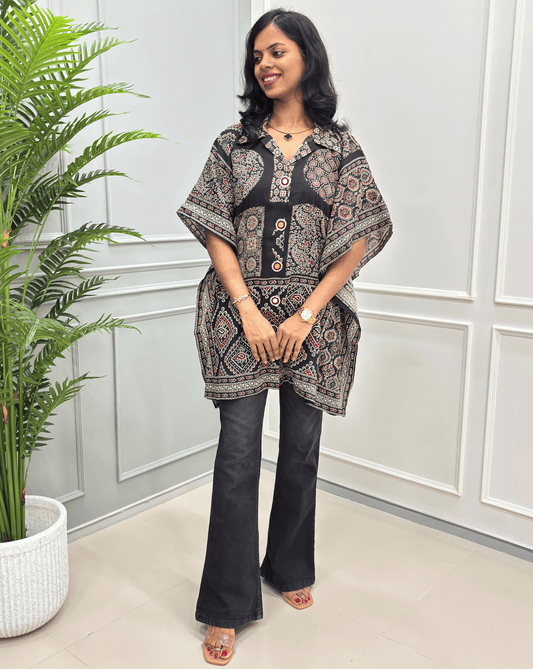 Fida Mirror Work Ajrakh Rayon Short Kaftan Top