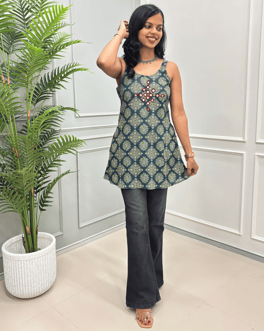 Heer Mirror Work Strap Ajrakh Rayon Short Kurti