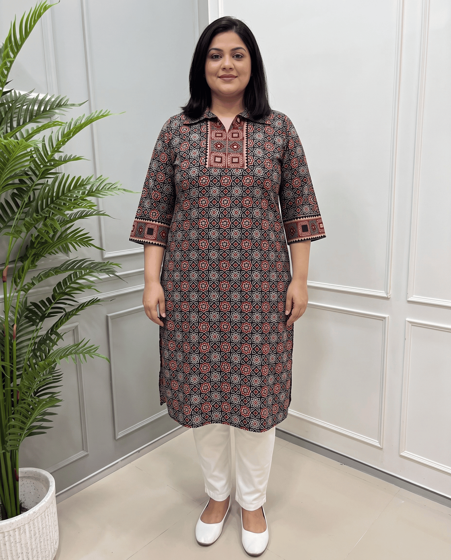 Kanishka Plus Size Mirror Work Ajrakh Rayon Long Kurti