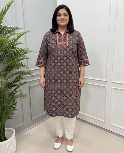 Kanishka Plus Size Mirror Work Ajrakh Rayon Long Kurti