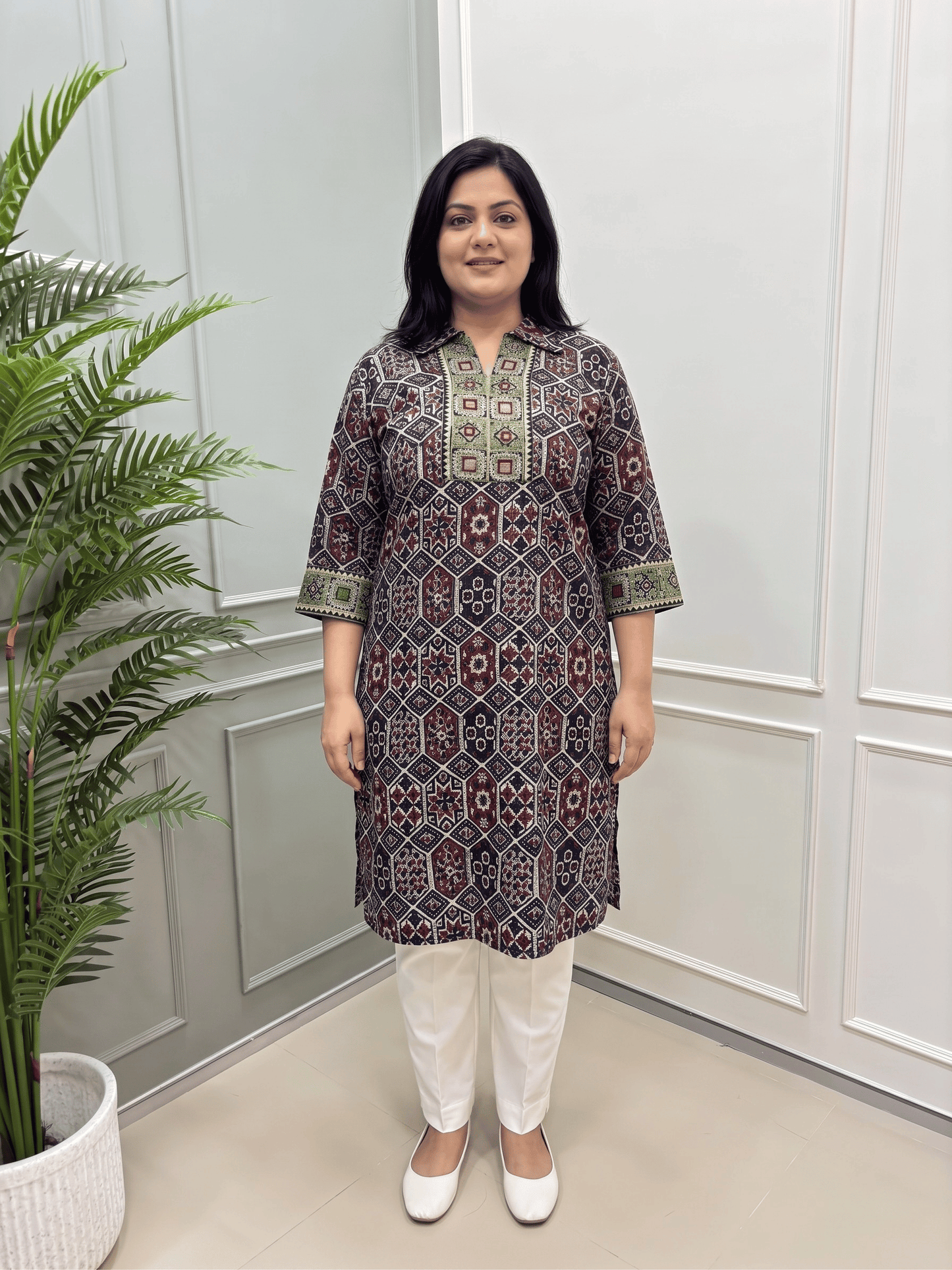 Kanishka Plus Size Mirror Work Ajrakh Rayon Long Kurti