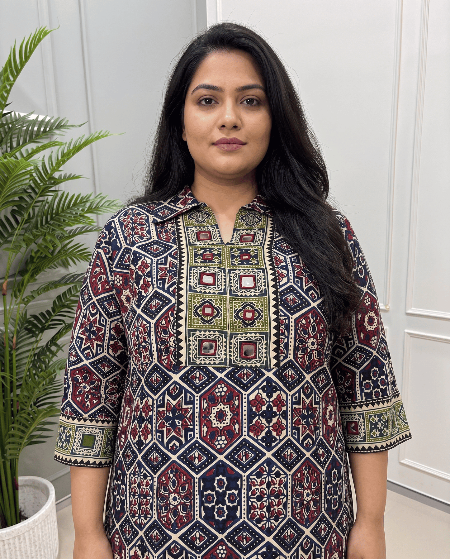 Kanishka Plus Size Mirror Work Ajrakh Rayon Long Kurti