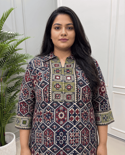 Kanishka Plus Size Mirror Work Ajrakh Rayon Long Kurti