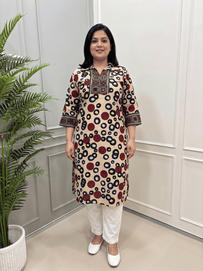Kanishka Geomertic Plus Size Mirror Work Ajrakh Rayon Long Kurti