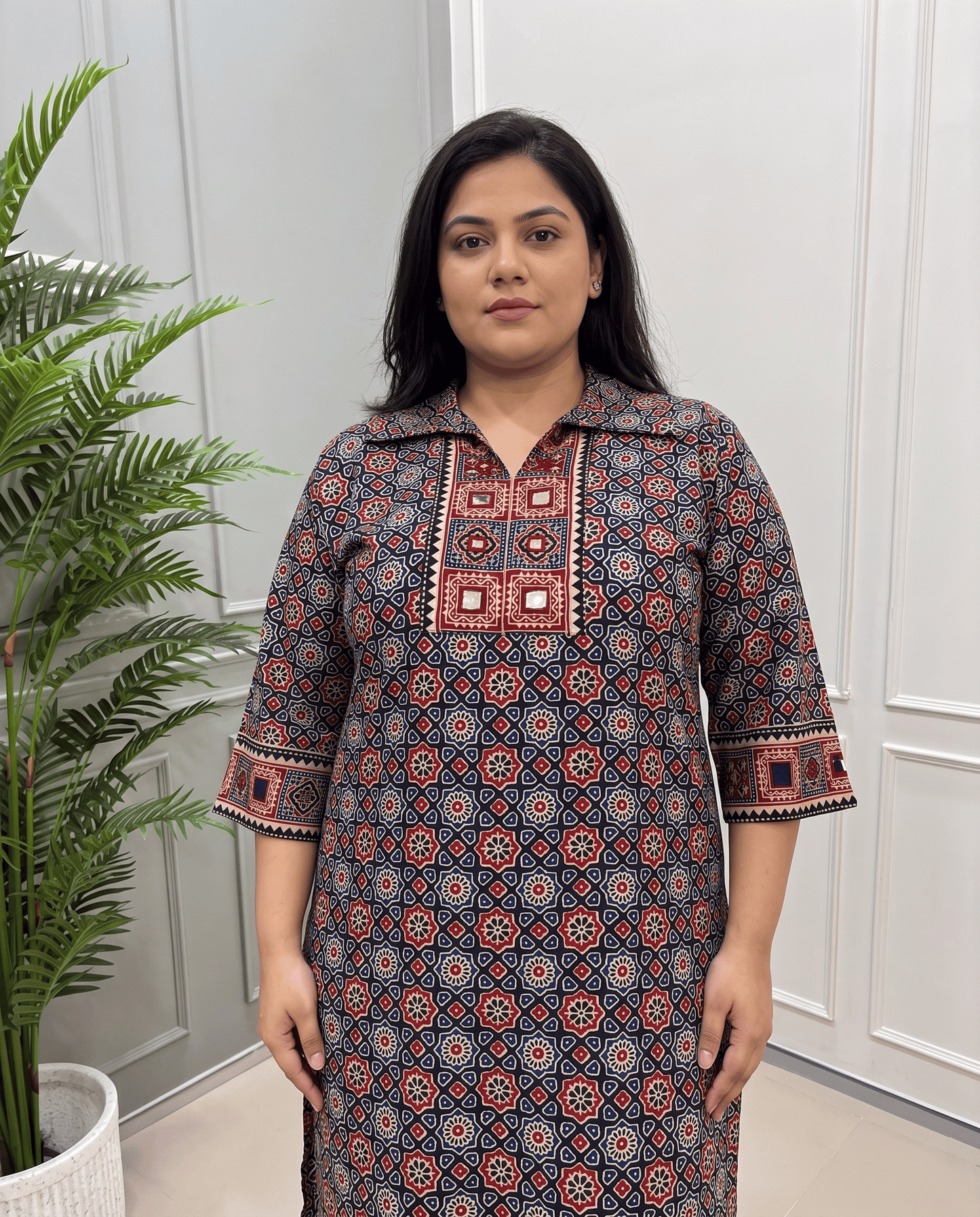 Kanishka Plus Size Mirror Work Ajrakh Rayon Long Kurti
