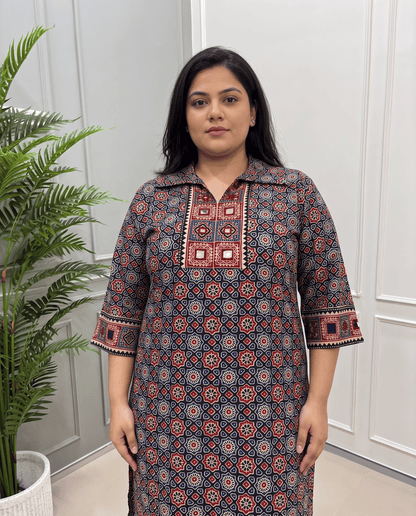Kanishka Plus Size Mirror Work Ajrakh Rayon Long Kurti