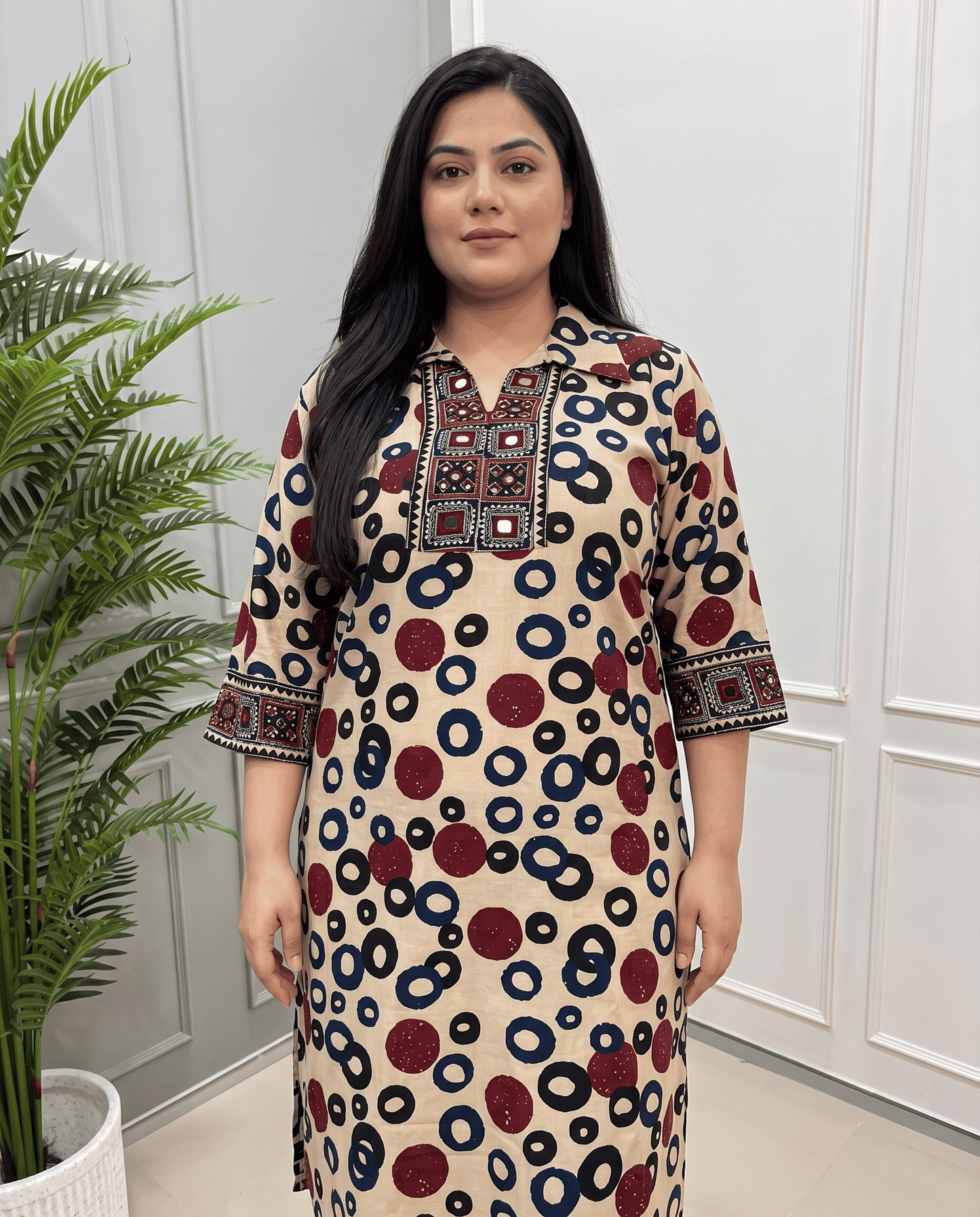 Kanishka Geomertic Plus Size Mirror Work Ajrakh Rayon Long Kurti