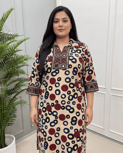 Kanishka Geomertic Plus Size Mirror Work Ajrakh Rayon Long Kurti