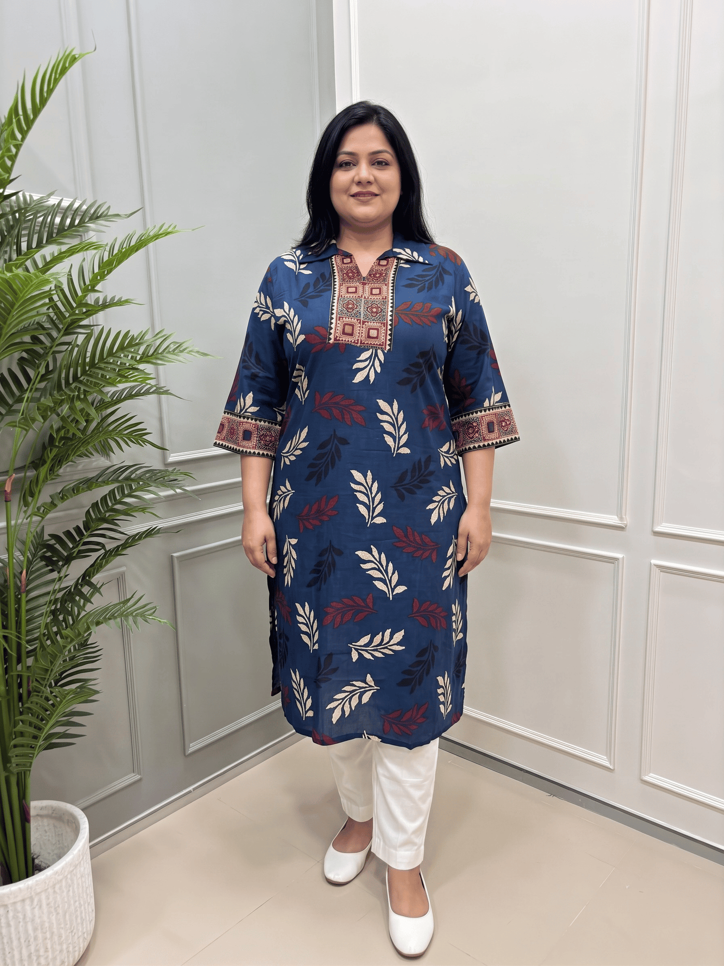 Kanishka Leaf Plus Size Mirror Work Ajrakh Rayon Long Kurti