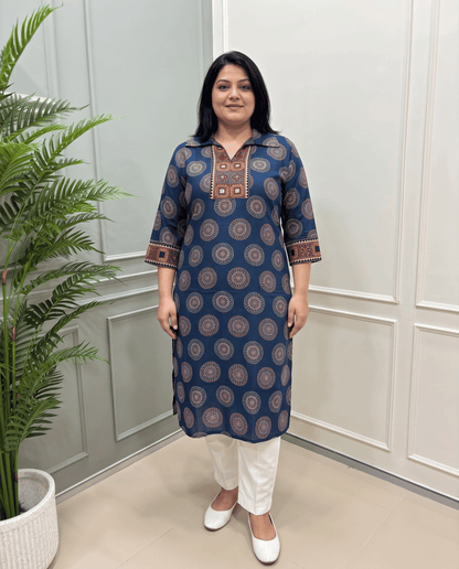 Kanishka Geomertic Plus Size Mirror Work Ajrakh Rayon Long Kurti