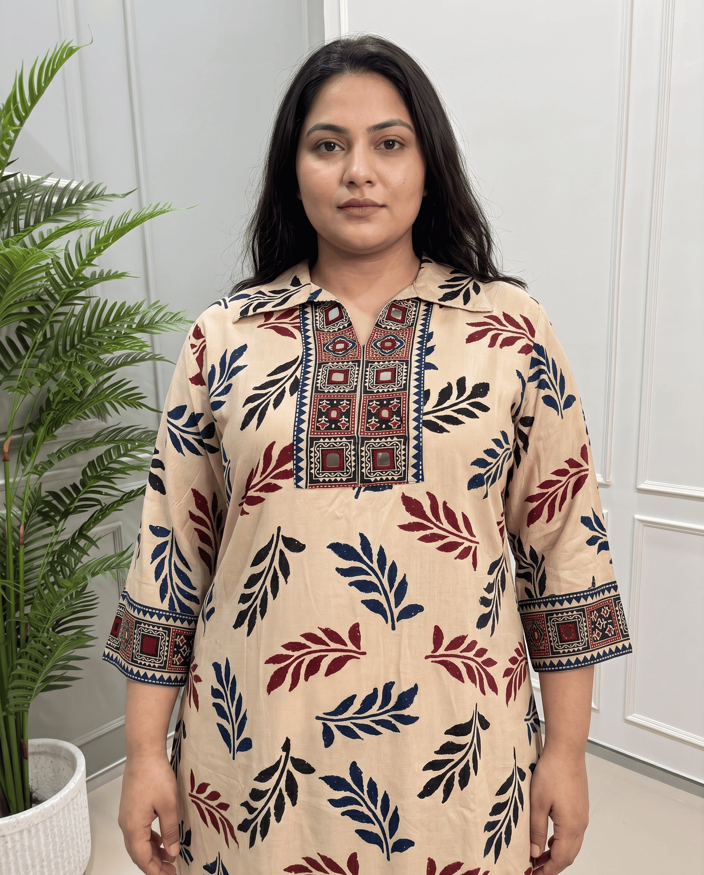Kanishka Leaf Plus Size Mirror Work Ajrakh Rayon Long Kurti