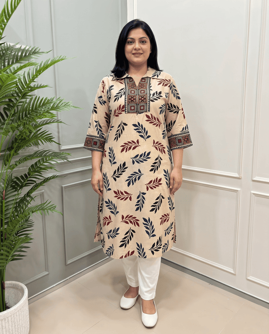 Kanishka Leaf Plus Size Mirror Work Ajrakh Rayon Long Kurti