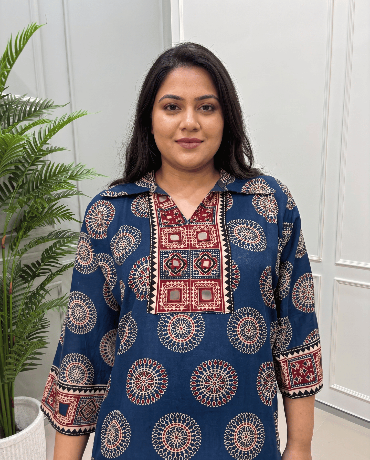Kanishka Geomertic Plus Size Mirror Work Ajrakh Rayon Long Kurti