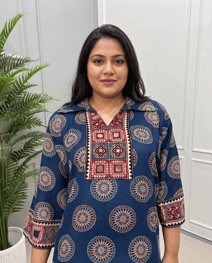 Kanishka Geomertic Plus Size Mirror Work Ajrakh Rayon Long Kurti