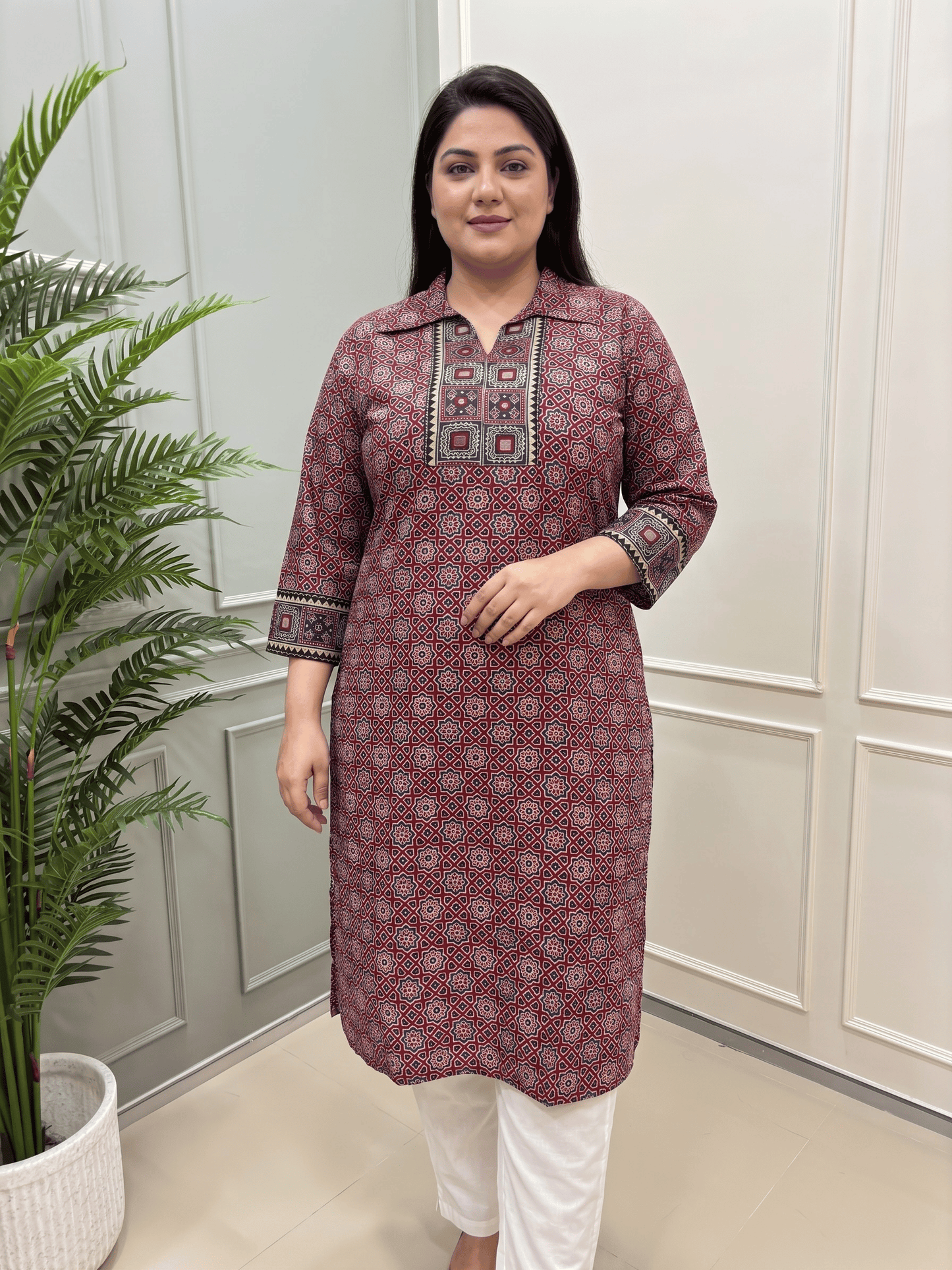 Kanishka Plus Size Mirror Work Ajrakh Rayon Long Kurti