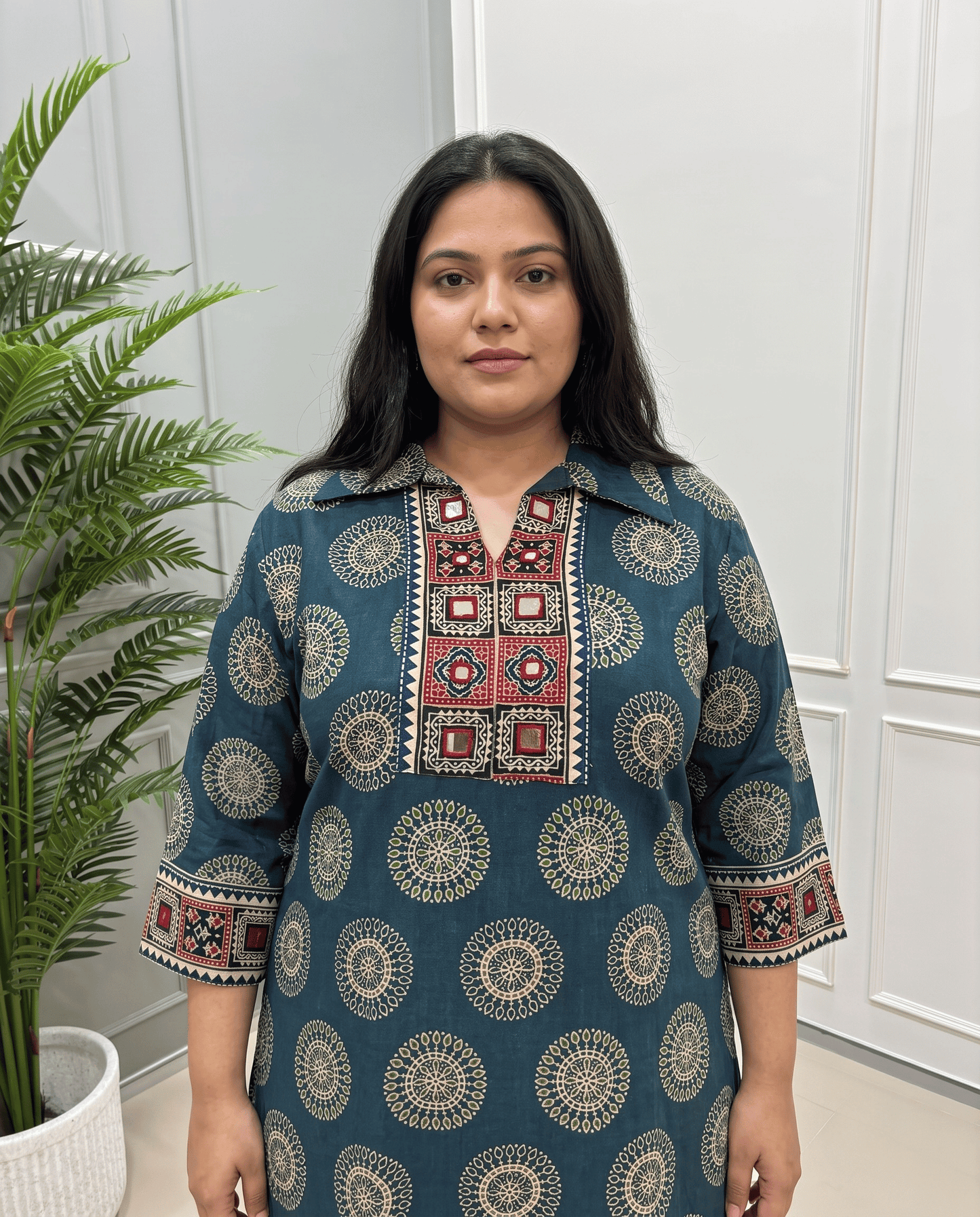 Kanishka Geomertic Plus Size Mirror Work Ajrakh Rayon Long Kurti