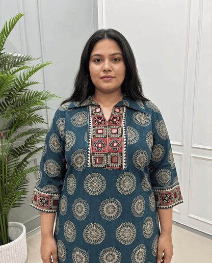 Kanishka Geomertic Plus Size Mirror Work Ajrakh Rayon Long Kurti