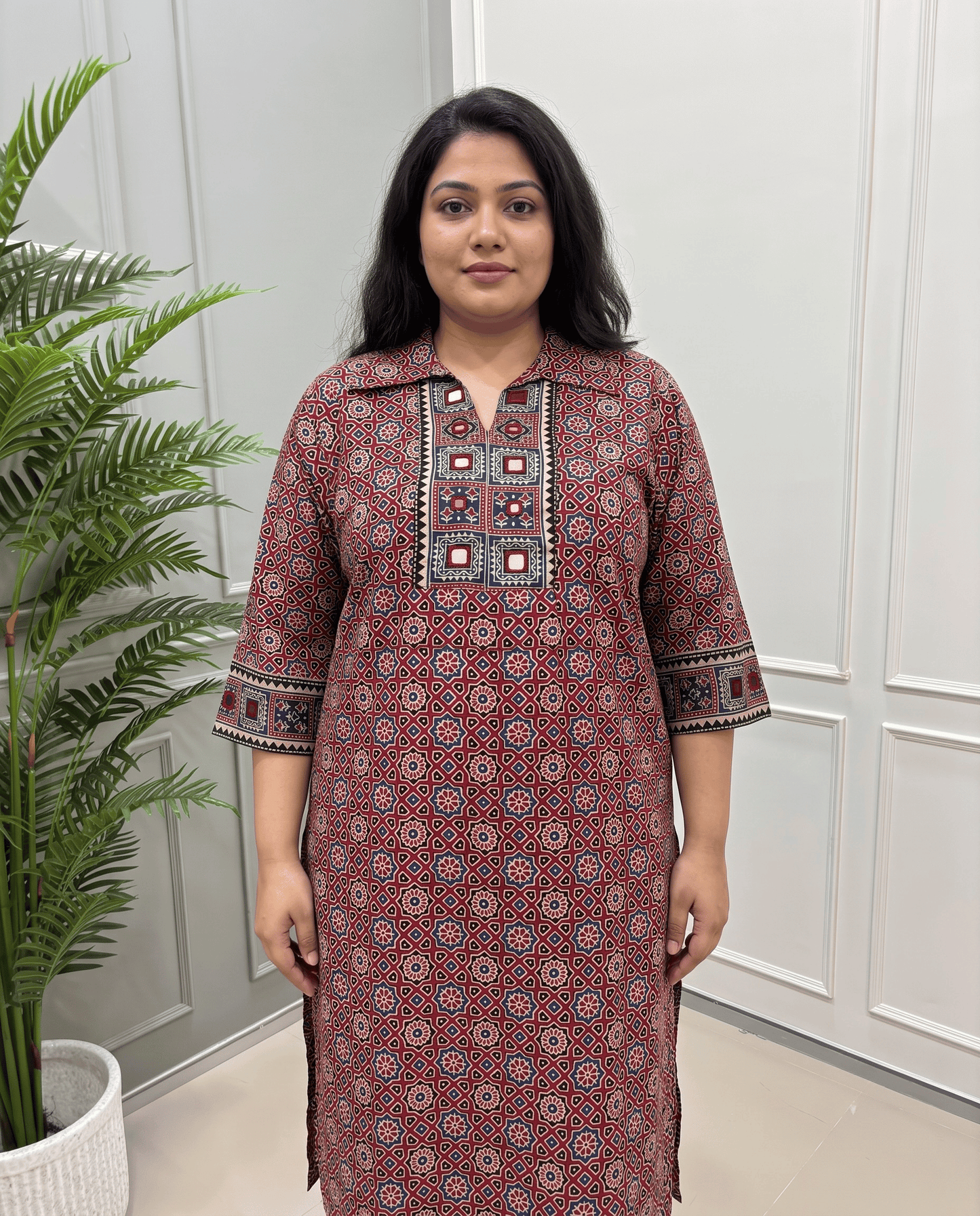 Kanishka Plus Size Mirror Work Ajrakh Rayon Long Kurti